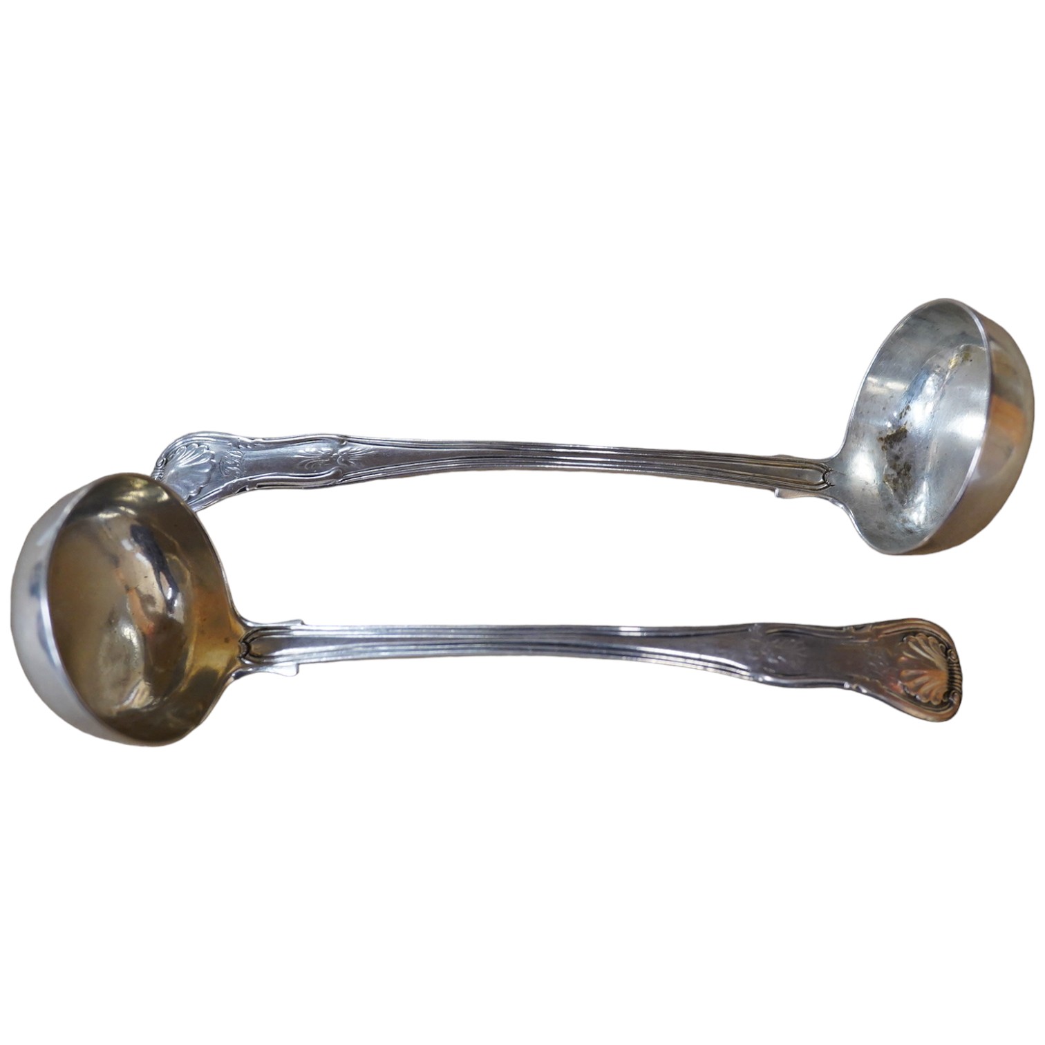 A pair of William IV Scottish silver King's pattern toddy ladles, James & William Marshall, Edinburgh, 1830, 14.2cm, 71 grams. Condition - poor to fair